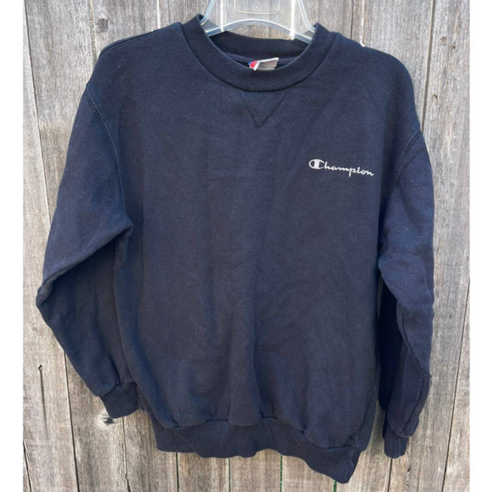 Vintage Champion Spellout Embroidered Pullover Black Sweatshirt Made in Turkey